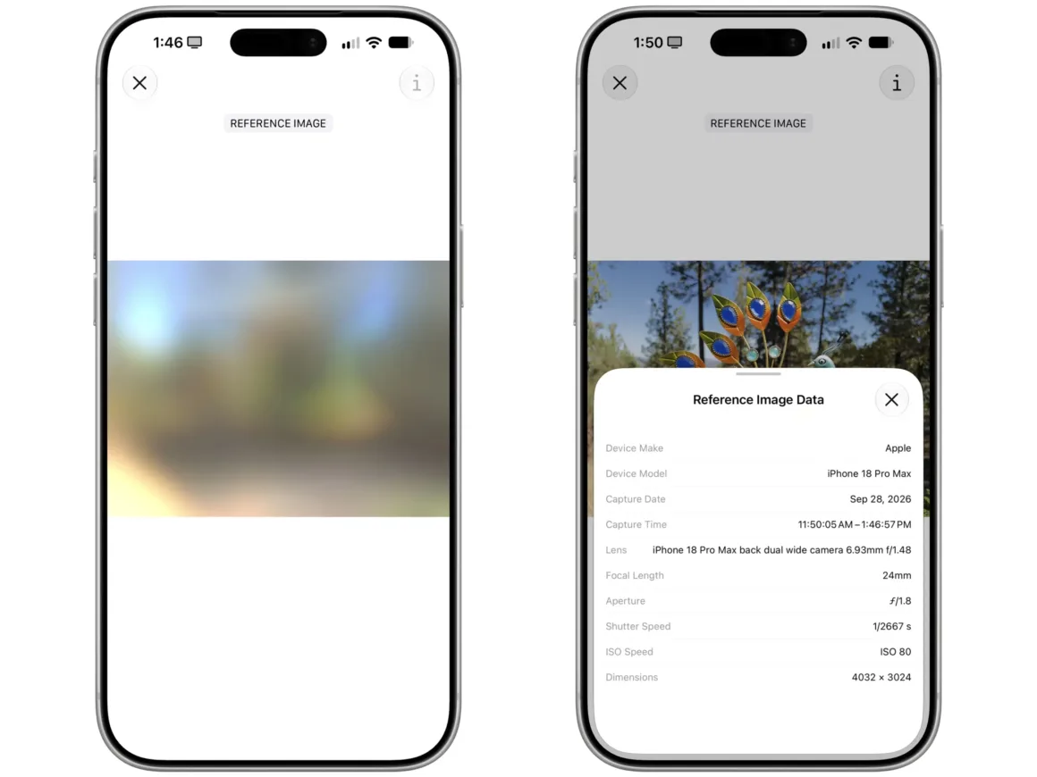Apple Reference Image: “Doğrulanabilir Fotoğraflar” İçin Yeni Standart mı? 19 iPhone Reference Image modunda görüntünün geliştirilme sürecini gösteren iki ekran görüntüsü.