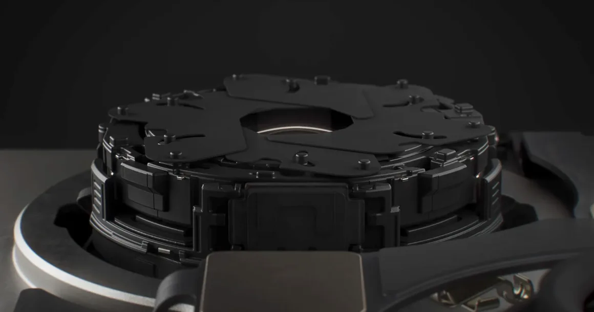 Apple, iPhone 18 Pro’daki Değişken Diyaframı Anlatıyor 21 Dairesel bir gövdenin merkezinde üst üste binen siyah bıçaklara sahip mekanik kamera diyaframının yakın planı.