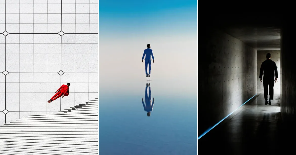A triptych showing three men in suits levitating: one in red against a tiled wall, one in blue over water, and one in black in a dark corridor.