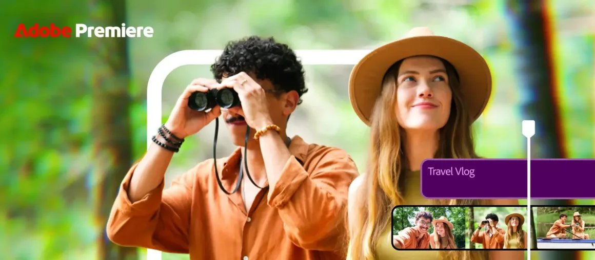 Adobe Premiere’in Ücretsiz Video Düzenleme Uygulaması Android’e Geldi 20 Dürbünle bakan bir adam, şapka takan bir kadının yanında duruyor; üst bölümde “Travel Vlog” grafiği, alt bölümde ise ikilinin farklı sahnelerini gösteren bir film şeridi yer alıyor.