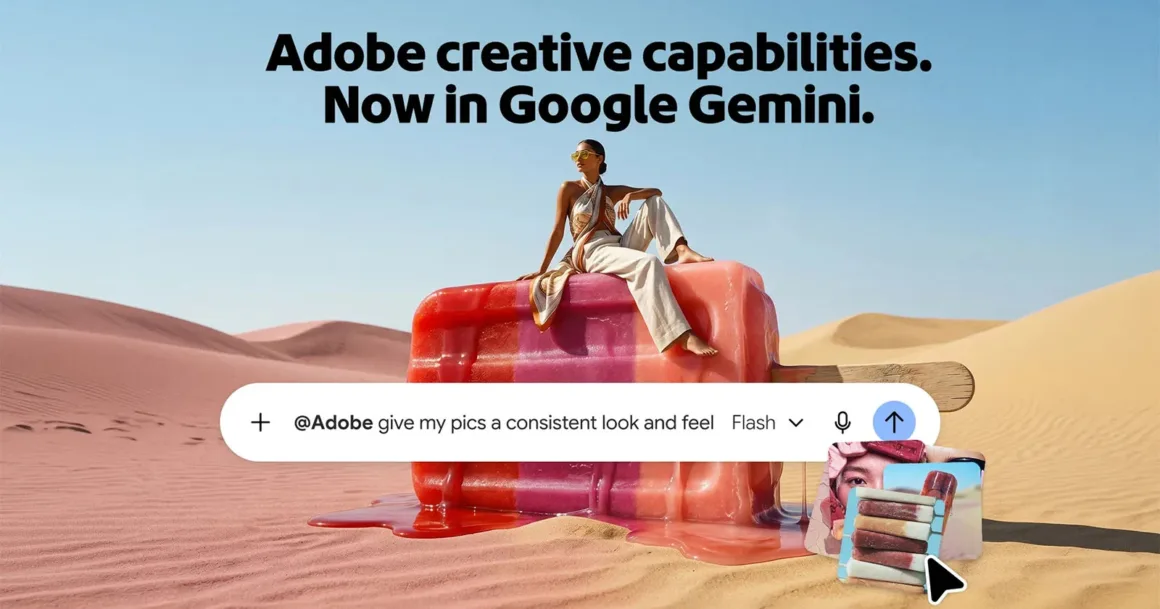 Google Gemini İçinde Lightroom ve Photoshop ile Fotoğraf Düzenleme 19 Çölde dev ve eriyen bir buzlu şekerin üzerinde oturan bir kişi görülüyor; görselin üzerinde Adobe komutu içeren Google Gemini arama çubuğu yer alıyor.