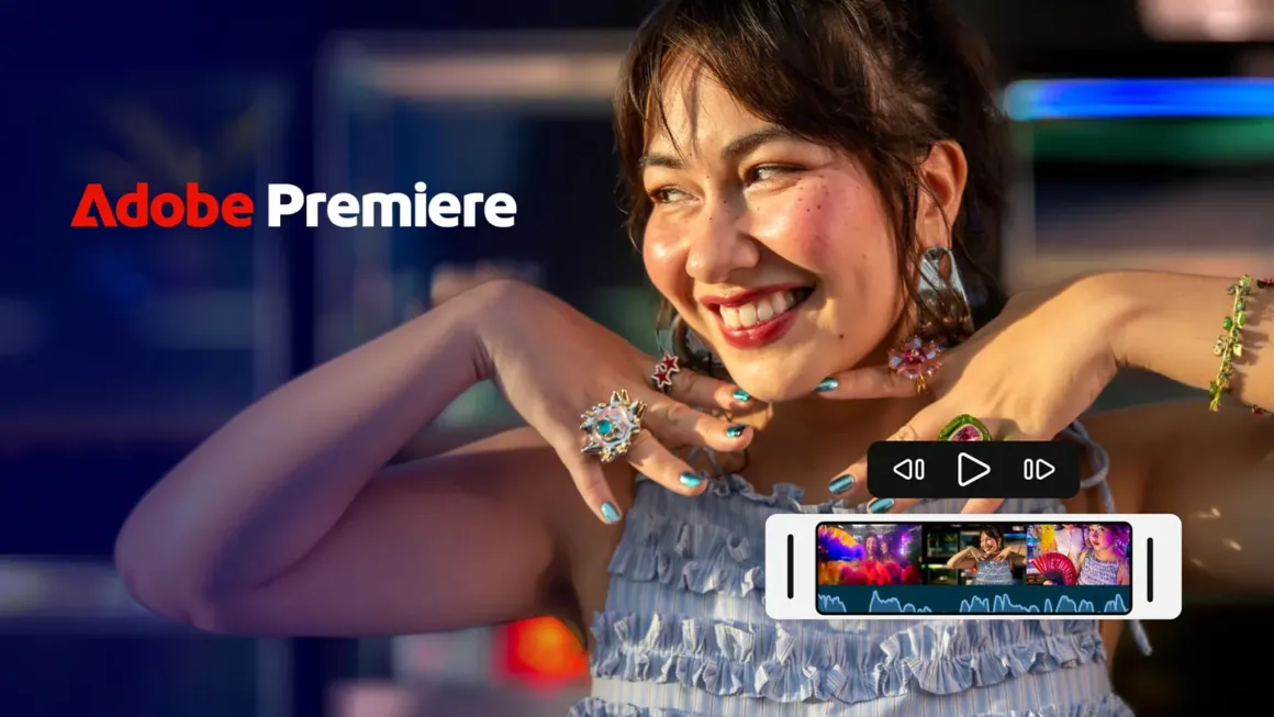 Adobe Premiere’in Ücretsiz Video Düzenleme Uygulaması Android’e Geldi 19 Takılarıyla poz veren gülümseyen bir kadın, Adobe Premiere logosu ve üzerine bindirilmiş dijital video düzenleme arayüzünün önünde görülüyor.
