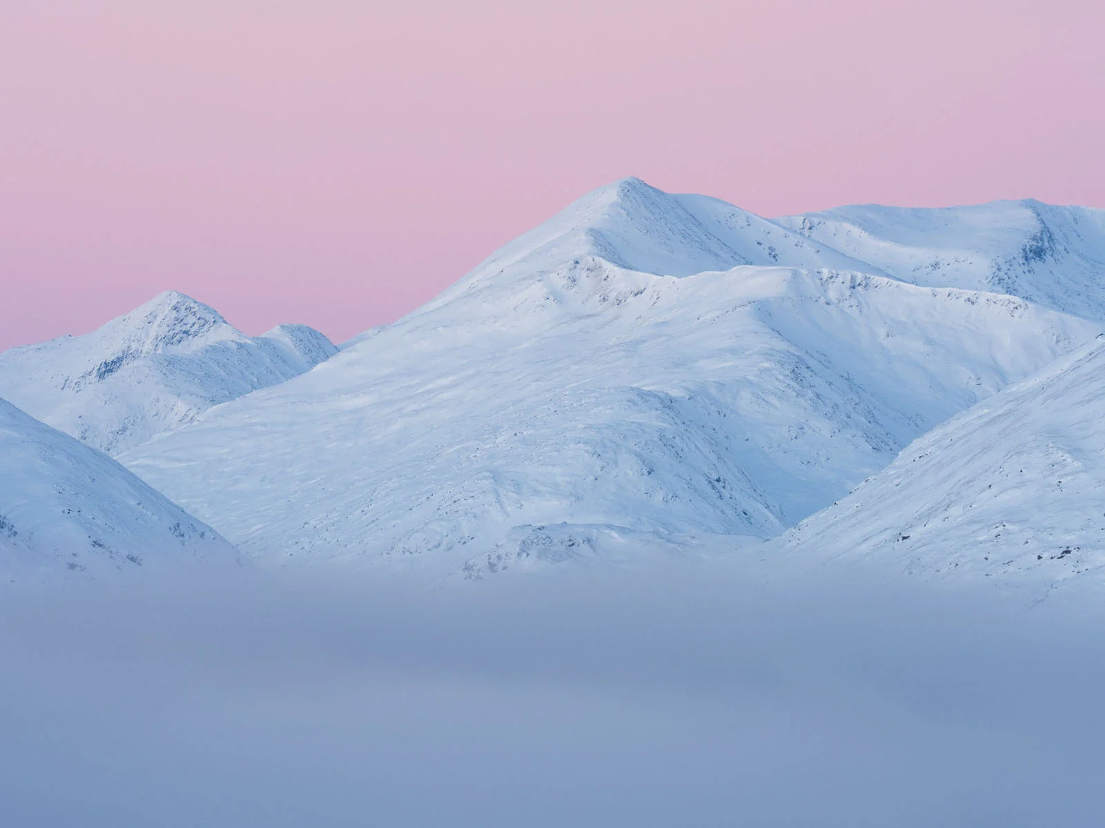 Natural Landscape Photography Awards 2026’nın Kazananları Açıklandı 58 Snow-covered mountain peaks rise above a thick layer of low-hanging clouds against a soft pink sky.