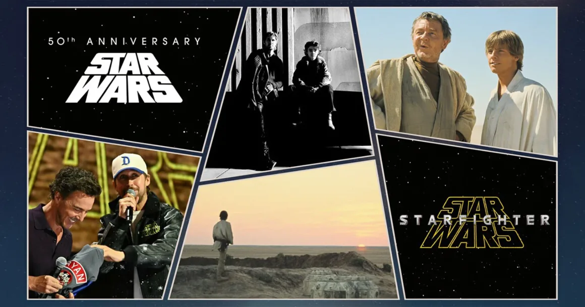 Orijinal Star Wars, 2027’de IMAX 70mm Olarak Sinemalara Dönüyor 18 Orijinal Star Wars, 2027’de IMAX 70mm Olarak Sinemalara Dönüyor
Star Wars’un 50. yıl dönümü logosu, filmlerden sahneler ve bir giysiyi tutan iki erkeğin yer aldığı kolaj.