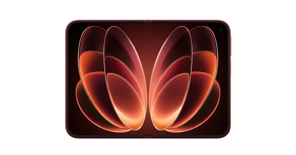 Xiaomi 18 Fold, Leica Kameralarıyla Katlanabilir Telefonlara Yeni Bir Seçenek Sunuyor 21 Beyaz fonda açık ve düz konumda gösterilen kırmızı katlanabilir telefon; ekranda turuncu-kırmızı yaprak benzeri soyut duvar kâğıdı görülüyor.