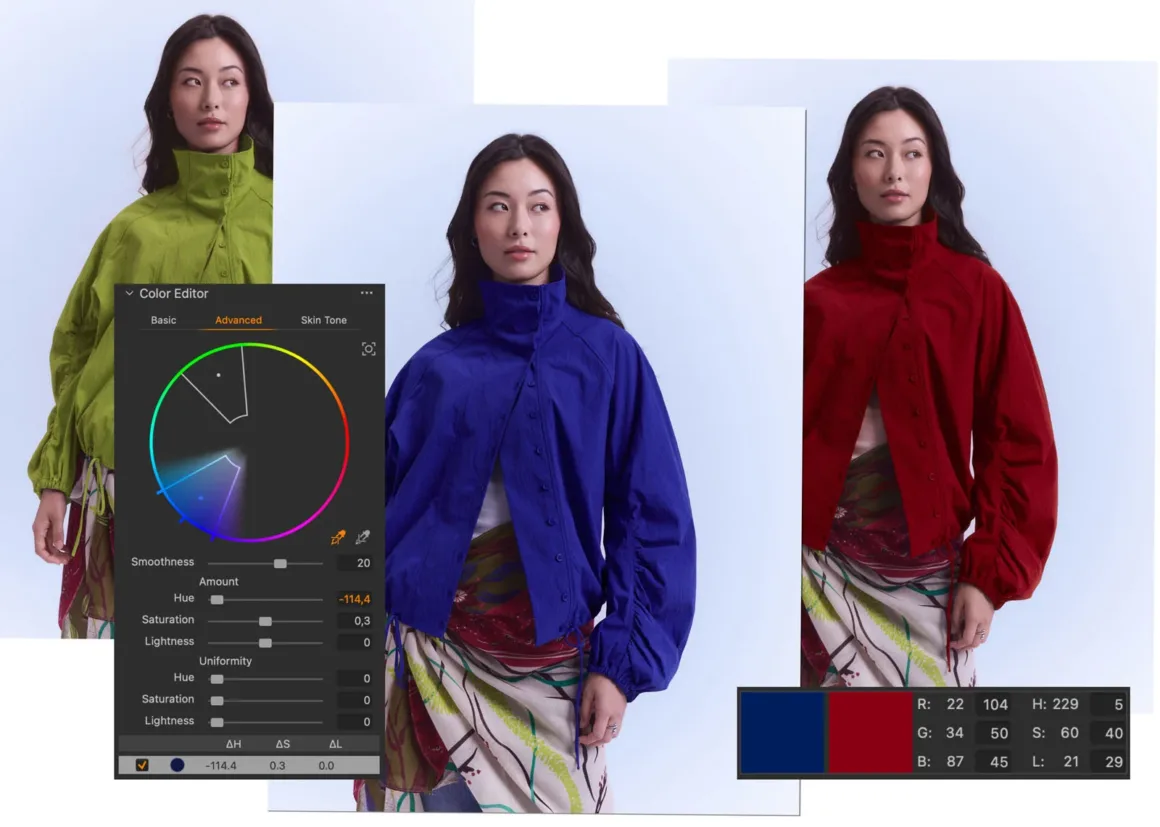 Capture One 16.9 Yayınlandı: Yeni Portre Rötuşu ve Renk Düzenleme Araçları 22 Capture One 16.9 Advanced Color Editor ile bir ceketin yeşil, mavi ve kırmızı renklerde düzenlenmesi