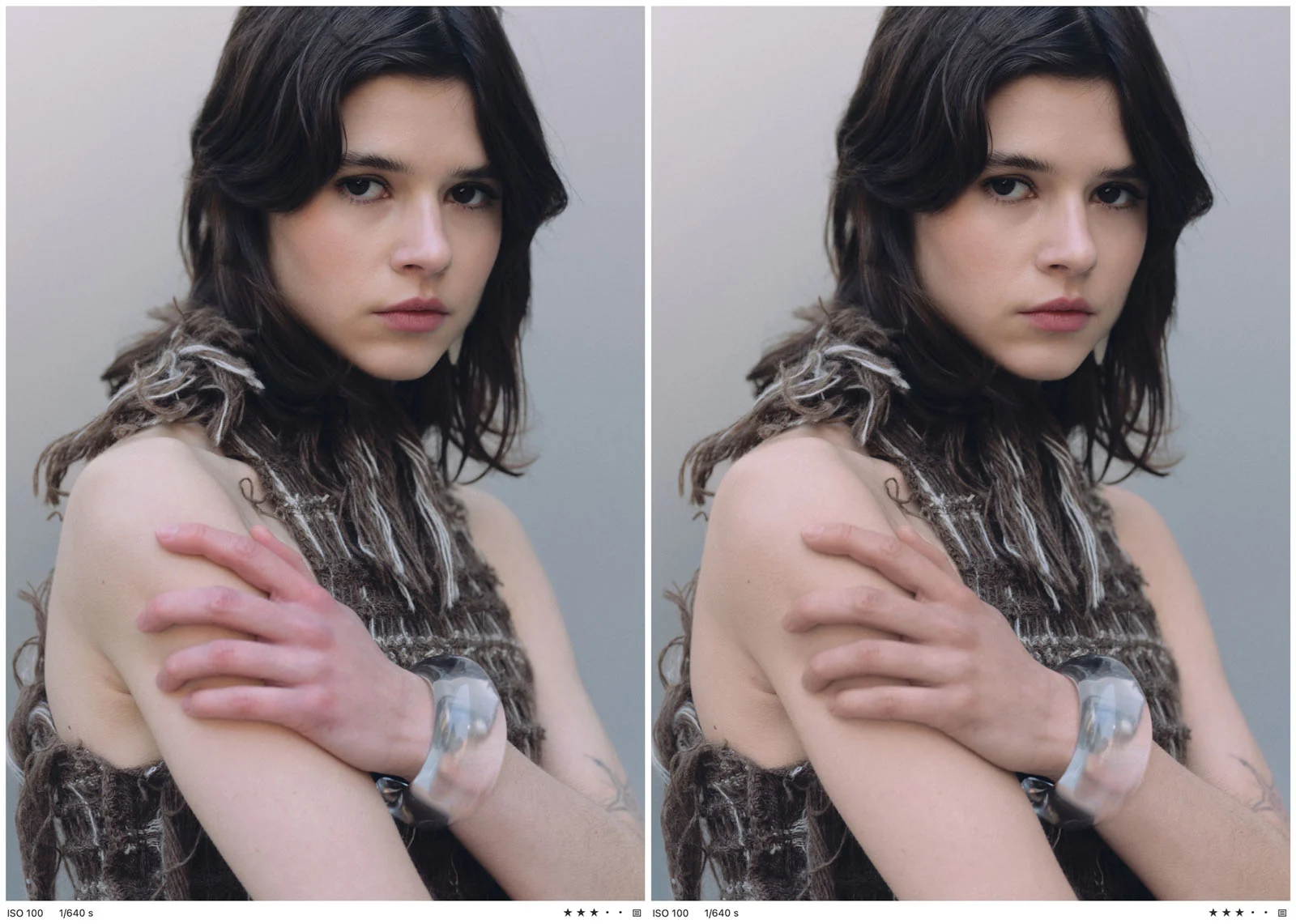 Capture One 16.9 Yayınlandı: Yeni Portre Rötuşu ve Renk Düzenleme Araçları 20 A side-by-side comparison of a portrait of a woman with dark hair wearing a textured brown top and a clear bracelet, showing a difference in skin tone on her arm.