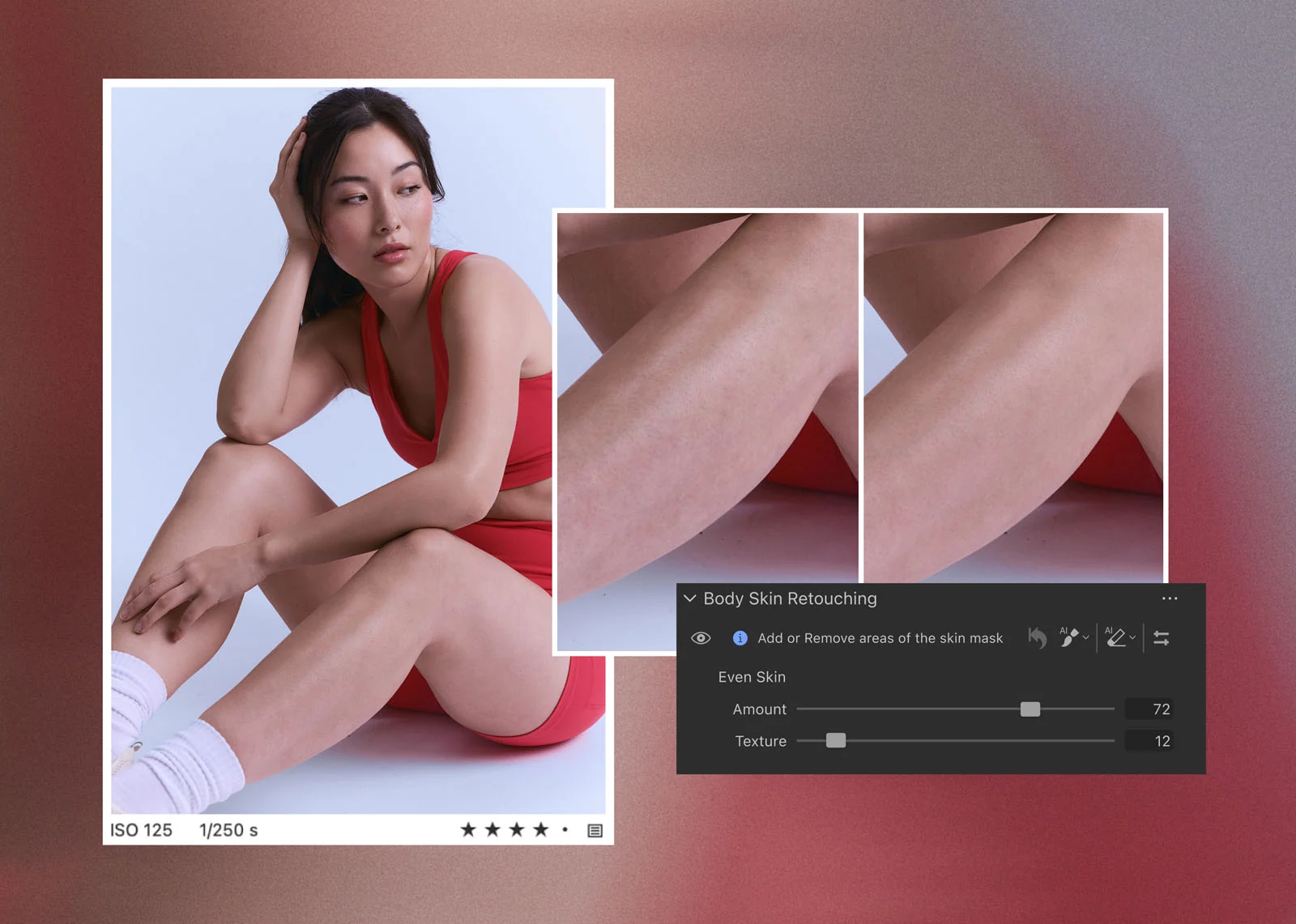 Capture One 16.9 Yayınlandı: Yeni Portre Rötuşu ve Renk Düzenleme Araçları 21 A split-screen comparison of a woman's leg before and after skin retouching, alongside a software panel showing "Body Skin Retouching" settings.