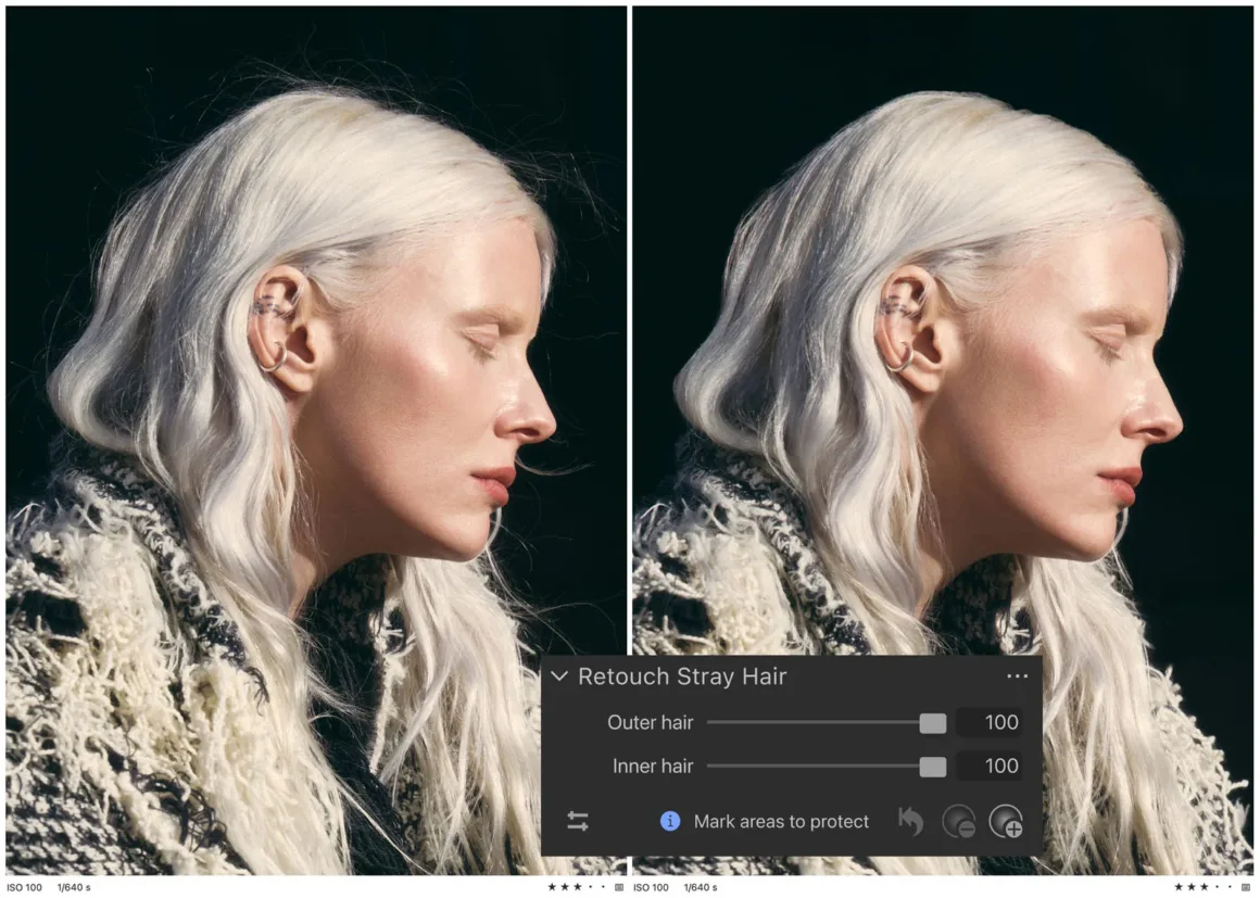 Capture One 16.9 Yayınlandı: Yeni Portre Rötuşu ve Renk Düzenleme Araçları 19 Capture One 16.9 Dağınık Saç Temizleme aracının öncesi ve sonrası karşılaştırması
