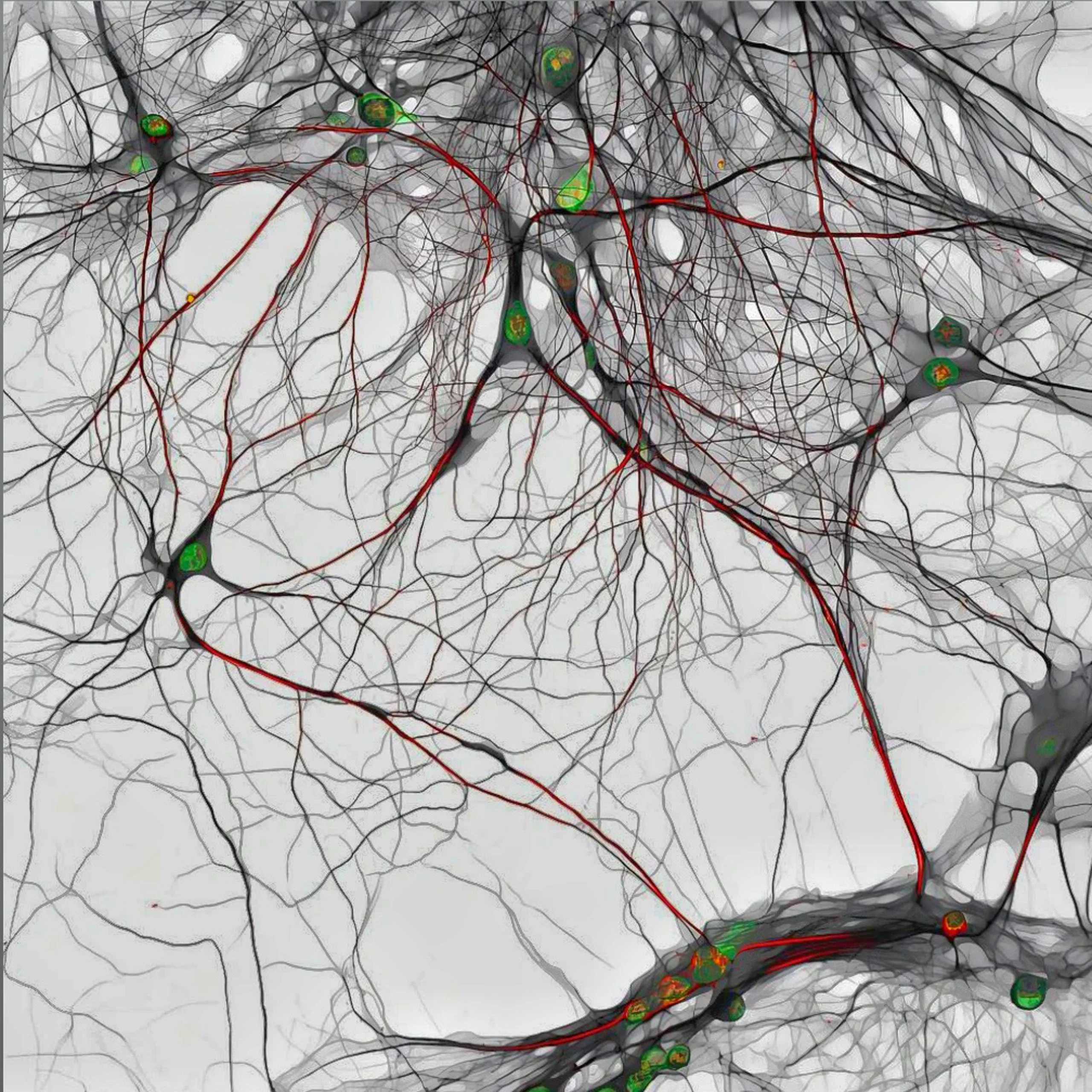 Nikon Small World 2026 Kazananları Açıklandı: Mikroskobik Dünyadan Büyüleyici Görüntüler 36 A microscopic view of a neural network showing cell bodies with green nuclei connected by a complex web of dark and red fibers.