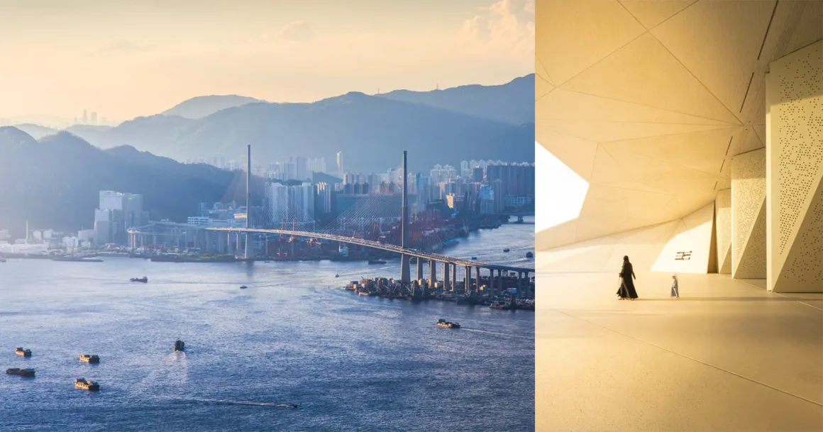 Architecture Photography MasterPrize 2026 Kazananları Açıklandı
İkiye bölünmüş görüntünün solunda bir limanın üzerinden geçen kablo askılı köprü, sağda ise geometrik ve modern bir mimari yapının altında yürüyen bir yetişkin ile çocuk görülüyor.