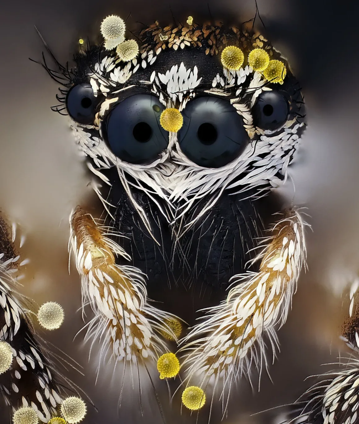 Nikon Small World 2026 Kazananları Açıklandı: Mikroskobik Dünyadan Büyüleyici Görüntüler 20 Bir sıçrayan örümceğin yüzünün makro yakın planında büyük koyu gözler, beyaz duyusal kıllar ve dağınık sarı polen taneleri görülüyor.