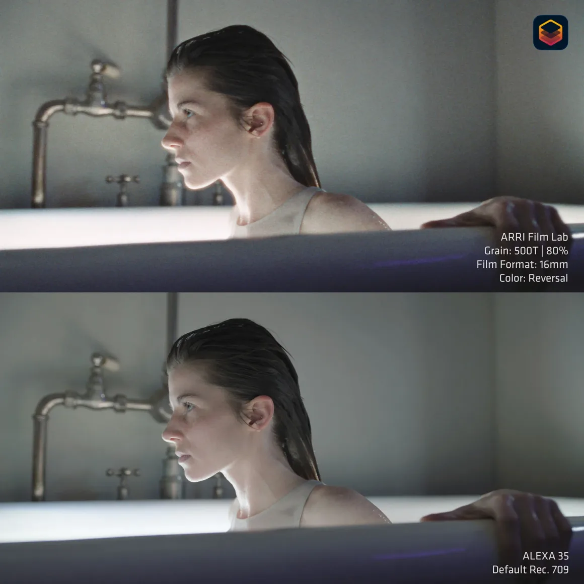 Arri Film Lab 1.5, Dijital Videoya Daha Güçlü Analog Film Görünümü Getiriyor 21 Bölünmüş ekran karşılaştırmasında küvette oturan bir kadın görülüyor; üst bölümde grenli film efekti, alt bölümde ise temiz dijital görüntü yer alıyor.