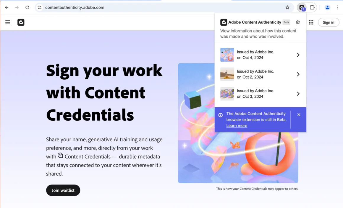 Adobe Content Credentials: Yapay Zekâ Çağında Görsellere Güvenebilir miyiz? 20 Bir web sayfasındaki çeşitli görüntülerin Content Credentials bilgilerini gösteren Content Authenticity Chrome uzantısının ekran görüntüsü