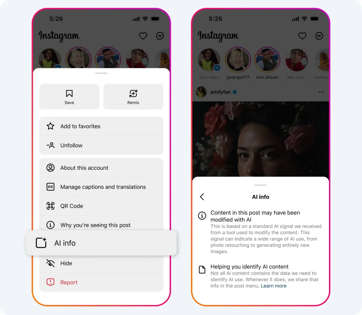Adobe Content Credentials: Yapay Zekâ Çağında Görsellere Güvenebilir miyiz? 19 Instagram’daki AI Info düğmesini ve bilgi panelini gösteren ekran görüntüsü