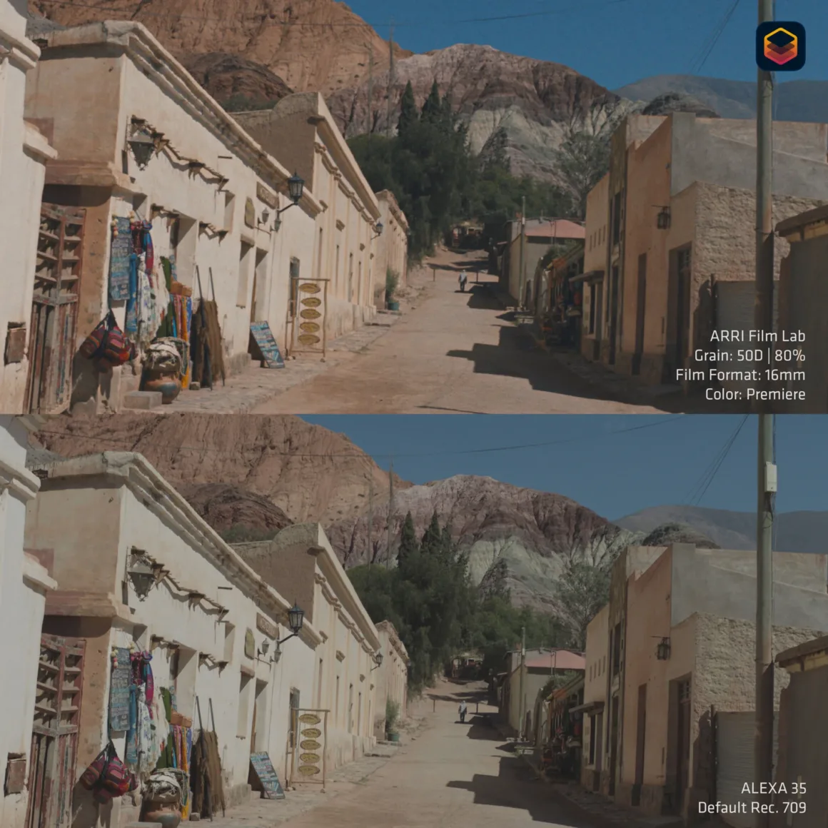 Arri Film Lab 1.5, Dijital Videoya Daha Güçlü Analog Film Görünümü Getiriyor 22 Bölünmüş ekran karşılaştırmasında kerpiç binaların bulunduğu tozlu bir çöl kasabası görülüyor; üstte film benzeri gren efekti, altta ise standart dijital görünüm yer alıyor.