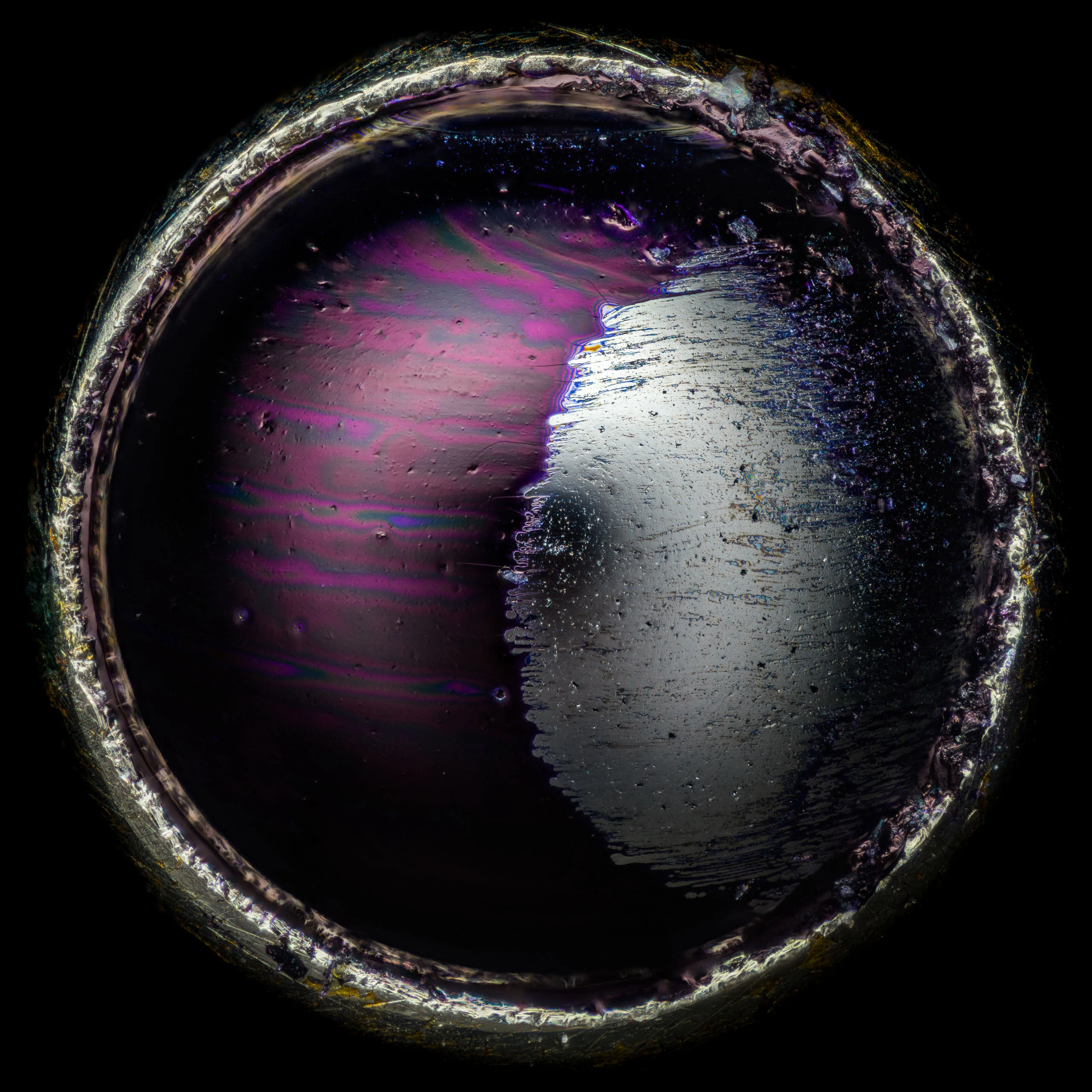 Nikon Small World 2026 Kazananları Açıklandı: Mikroskobik Dünyadan Büyüleyici Görüntüler 22 A circular, metallic-rimmed container holds a dark, iridescent liquid with a large, textured silver patch on the right side.