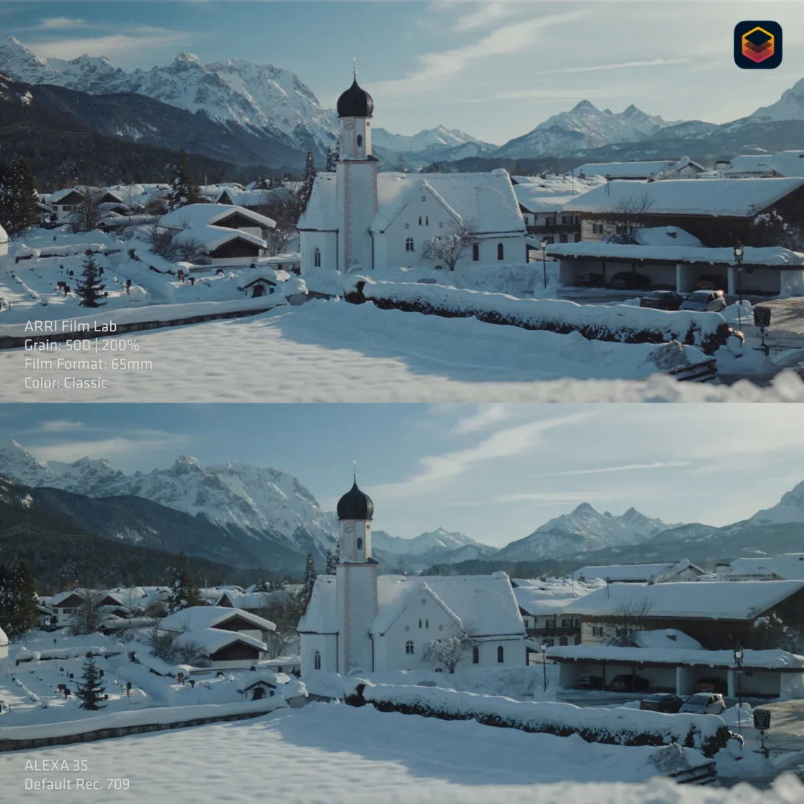 Arri Film Lab 1.5, Dijital Videoya Daha Güçlü Analog Film Görünümü Getiriyor 19 Karlı bir köy, kilise ve dağların yer aldığı bölünmüş ekran karşılaştırmasında üstte film emülasyonu uygulanmış, altta ise standart dijital görüntü görülüyor.