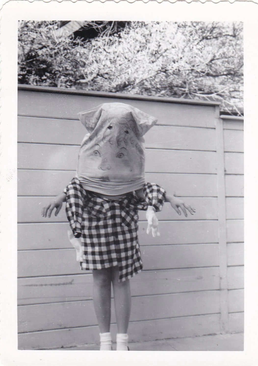 20. Yüzyıl Ortalarından Tekinsiz Halloween Fotoğrafları 28 Elle çizilmiş yüz bulunan kâğıt torba maskesi ve ekose gömlek giyen kişi ahşap çitin önünde duruyor