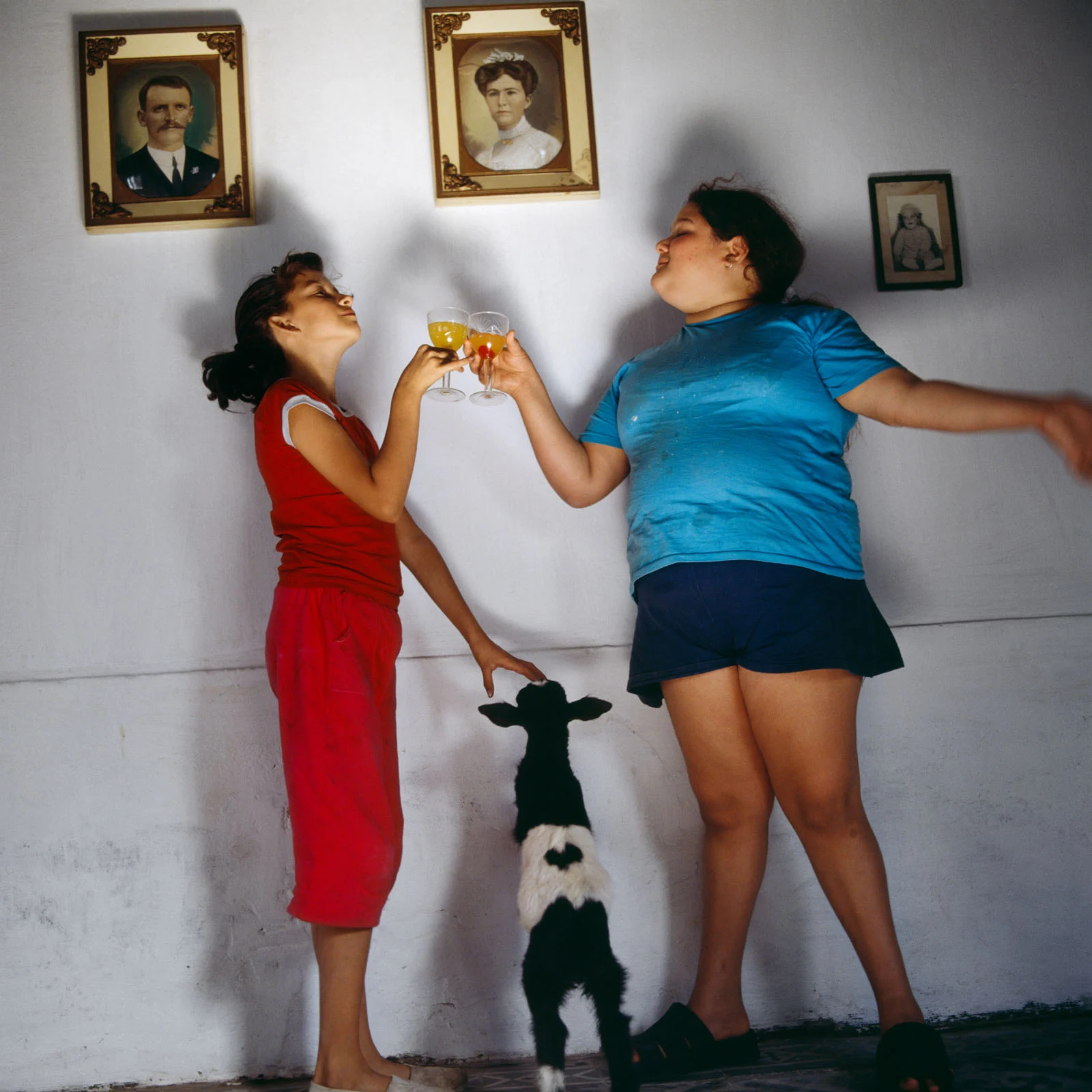 Magnum Fact/Fiction Square Print Sale 26 Ekim’de Başlıyor 28 Two girls stand in a room with three framed portraits on the wall, toasting with glasses of orange juice while a small black and white goat stands between them.
