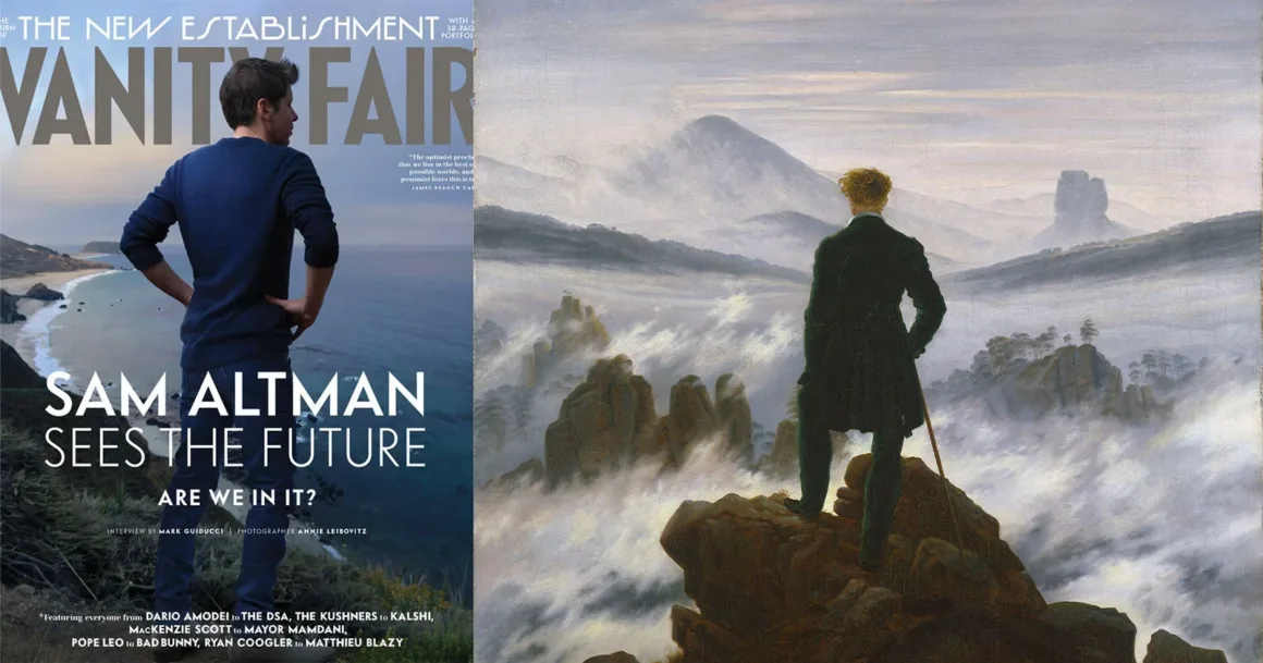 Annie Leibovitz, Sam Altman Portresinde Alman Romantizmine Gönderme Yapıyor 1 Annie Leibovitz, Sam Altman Portresinde Alman Romantizmine Gönderme Yapıyor
Solda Sam Altman'ın yer aldığı Vanity Fair dergi kapağı, sağda ise Caspar David Friedrich'in Wanderer above the Sea of Fog adlı tablosu yan yana görülüyor.