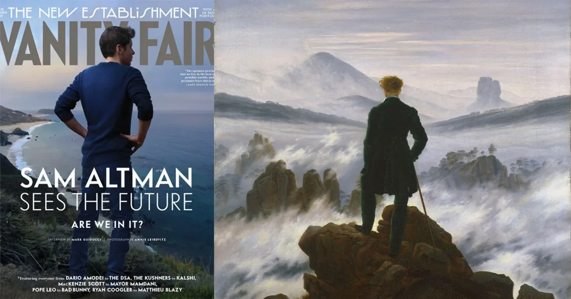 A split-screen comparison showing a Vanity Fair magazine cover featuring Sam Altman on the left and Caspar David Friedrich's painting "Wanderer above the Sea of Fog" on the right.
