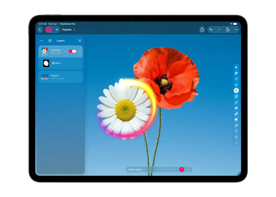 Bir tablet ekranında Pixelmator Pro arayüzü açık; solda katman paneli, ortada ise papatya ve gelincik fotoğrafı üzerinde renkli işlem göstergesi bulunuyor.