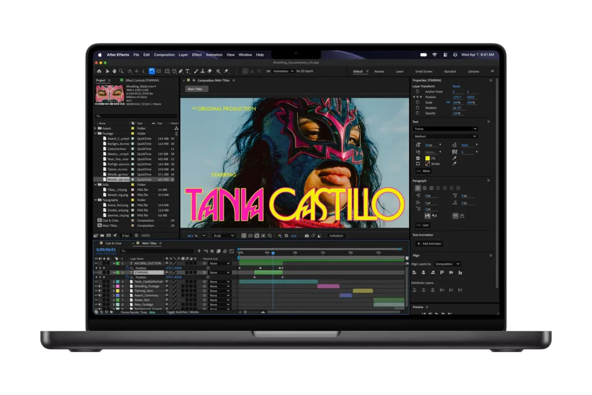 Bir dizüstü bilgisayar ekranında Adobe After Effects arayüzü açık ve güreş belgeseline ait bir video projesi görüntüleniyor.