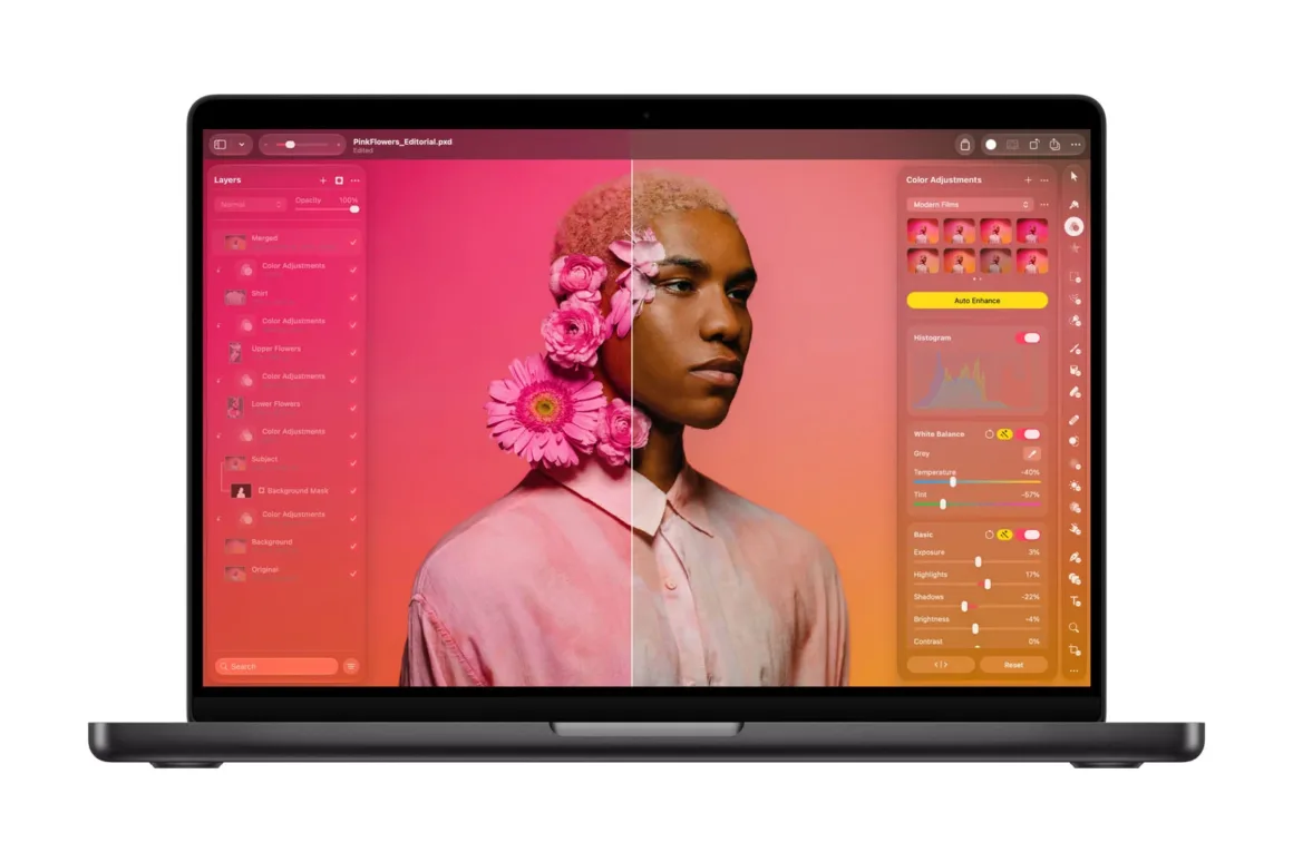 Bir dizüstü bilgisayar ekranında Pixelmator Pro benzeri fotoğraf düzenleme uygulaması açık; portre fotoğrafı, katmanlar ve renk ayarları görülüyor.