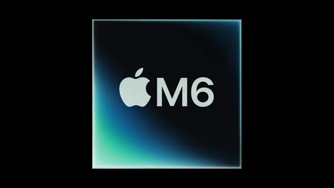 Apple logosu ve M6 yazısının koyu arka plan üzerinde metalik dokulu grafik olarak gösterildiği kare.