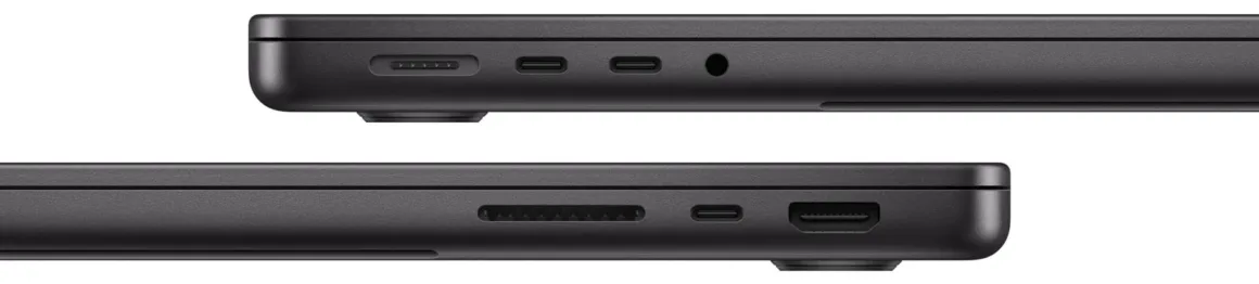 Koyu gri bir dizüstü bilgisayarın iki yan profili; MagSafe, USB-C, kulaklık, SD kart ve HDMI bağlantı noktaları görülüyor.
