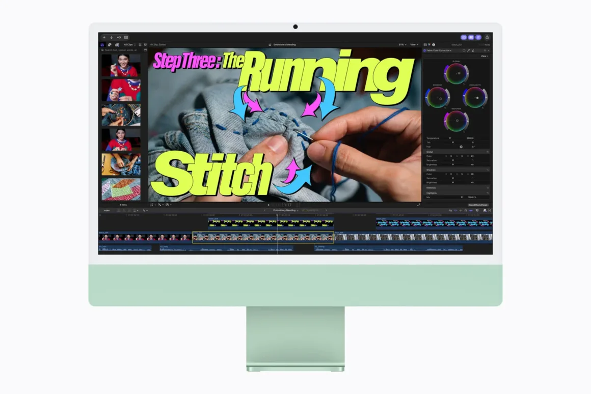 M6 iMac Tanıtıldı: Daha Güçlü Performans, Wi-Fi 7 ve 7 Renk Seçeneği 20 Açık yeşil iMac ekranında Final Cut Pro benzeri video düzenleme arayüzü içinde denim kumaş üzerinde dikiş anlatan bir eğitim videosu görülüyor.