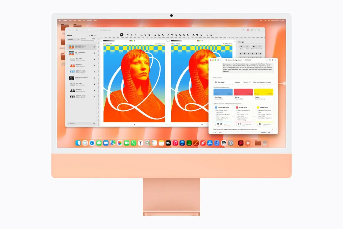 M6 iMac Tanıtıldı: Daha Güçlü Performans, Wi-Fi 7 ve 7 Renk Seçeneği 21 Pembe iMac ekranında renk ayrım katmanları ve baskı planlama penceresi bulunan Riso baskı projesi açık.