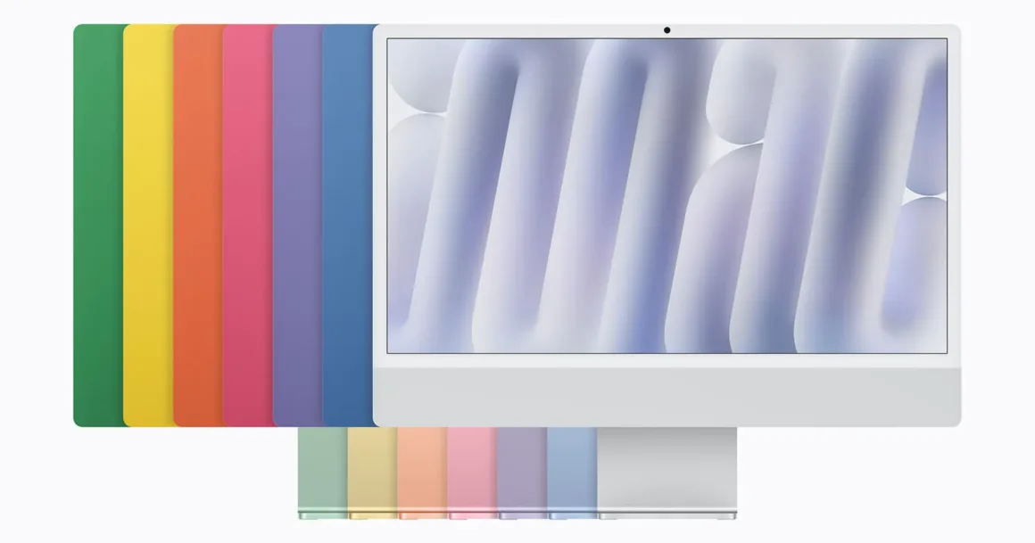 M6 iMac Tanıtıldı: Daha Güçlü Performans, Wi-Fi 7 ve 7 Renk Seçeneği 24 Bir Apple iMac, arkasında farklı renk seçeneklerinden oluşan sıra ve aşağıda renk örnekleriyle birlikte gösteriliyor.