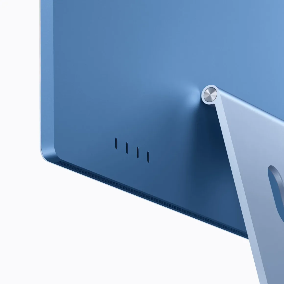M6 iMac Tanıtıldı: Daha Güçlü Performans, Wi-Fi 7 ve 7 Renk Seçeneği 23 Mavi iMac’in arka bölümünün yakın plan görüntüsünde stand ve bağlantı alanları görülüyor.