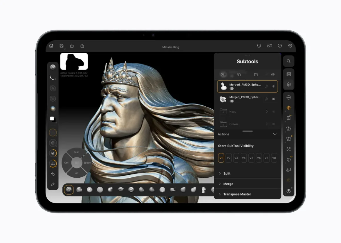 Yeni iPad mini Tanıtıldı: OLED Ekran, A20 Pro ve Daha İnce Tasarım 25 Tablet ekranında ZBrush arayüzü içinde uzun saçlı ve taçlı bir kralın 3D dijital heykeli görülüyor; sağ tarafta alt araçlar menüsü açık.