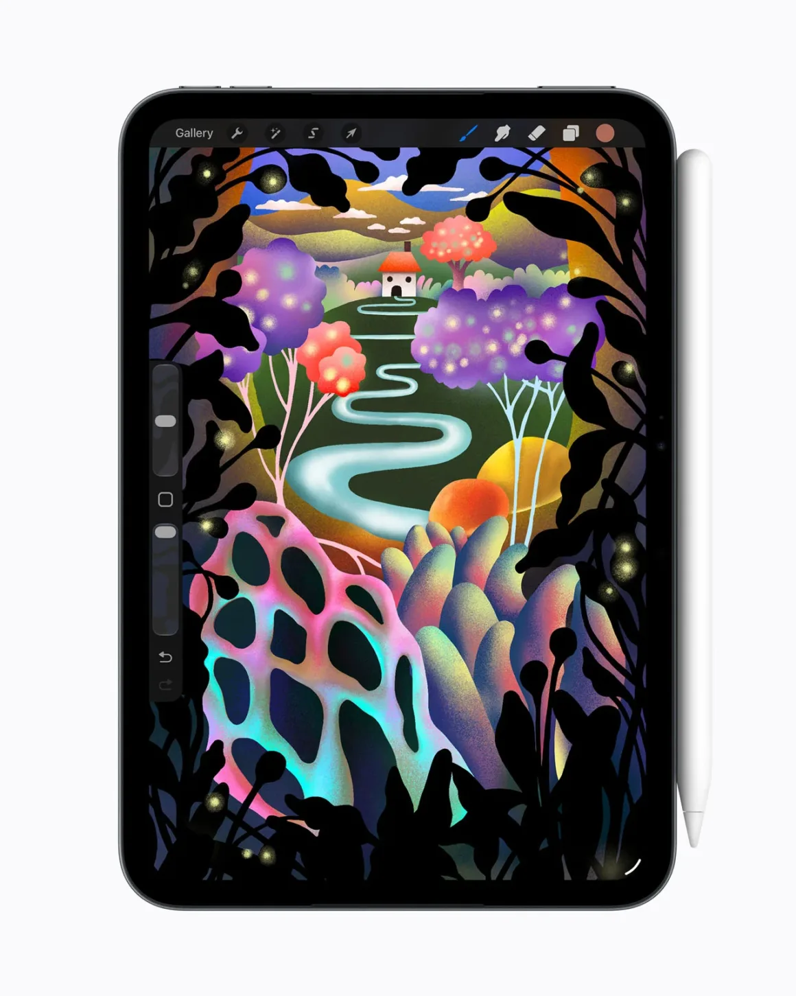 Yeni iPad mini Tanıtıldı: OLED Ekran, A20 Pro ve Daha İnce Tasarım 26 Dijital tablet ekranında kıvrımlı nehir, stilize ağaçlar ve küçük bir ev içeren renkli bir manzara illüstrasyonu görülüyor.