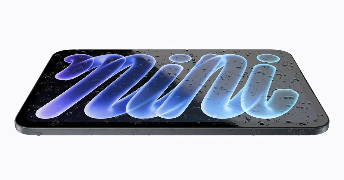 Yeni iPad mini Tanıtıldı: OLED Ekran, A20 Pro ve Daha İnce Tasarım 24 Ekranında mavi stilize mini yazısı bulunan tablet, yüzeyindeki su damlalarıyla açılı biçimde gösteriliyor.
