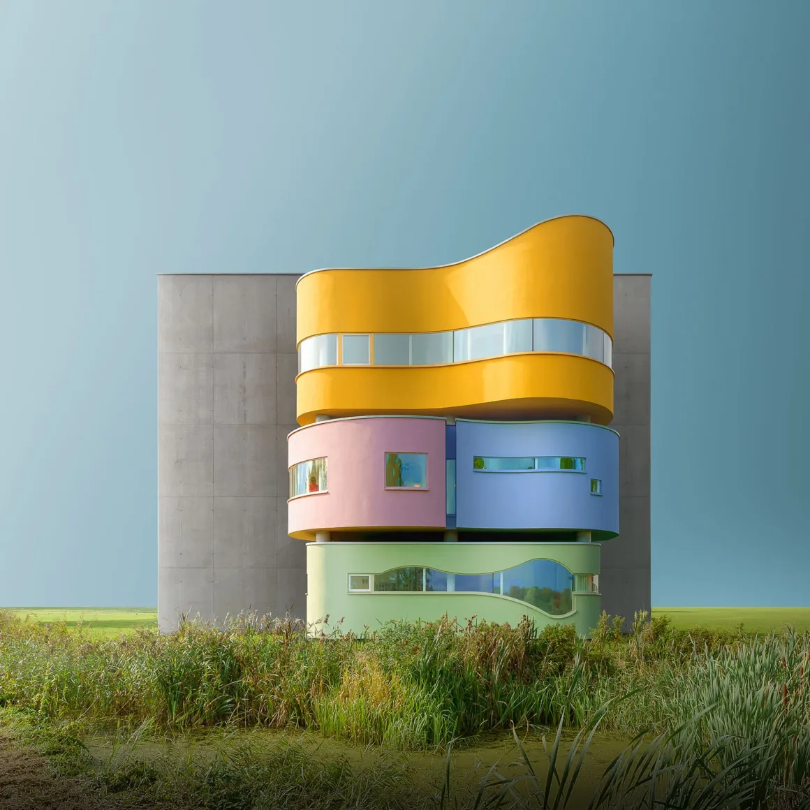 Gri beton cepheli modern binanın merkezinde sarı, pembe, mavi ve yeşil renklerden oluşan kıvrımlı hacimler görülüyor.