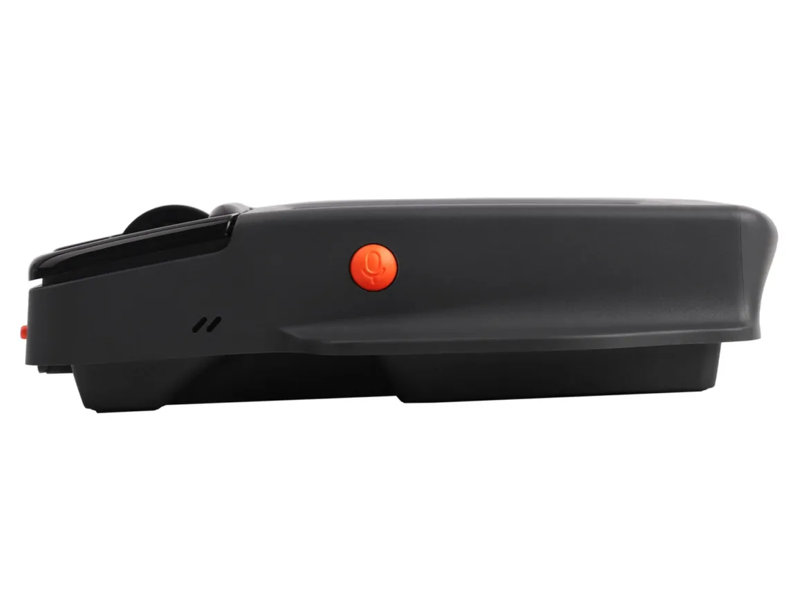 Super Mouse Tanıtıldı: Dokunmatik Ekranlı Fare Üretkenlik Merkezi Olmayı Hedefliyor 25 A side view of a black electronic device featuring a prominent orange circular button with a microphone icon and two small ventilation slits.