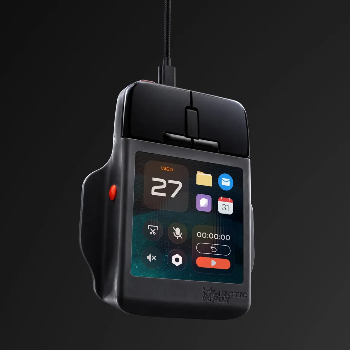 Super Mouse Tanıtıldı: Dokunmatik Ekranlı Fare Üretkenlik Merkezi Olmayı Hedefliyor 26 A black computer mouse with a built-in touchscreen display showing a calendar, app icons, and media controls, hanging by a cord.