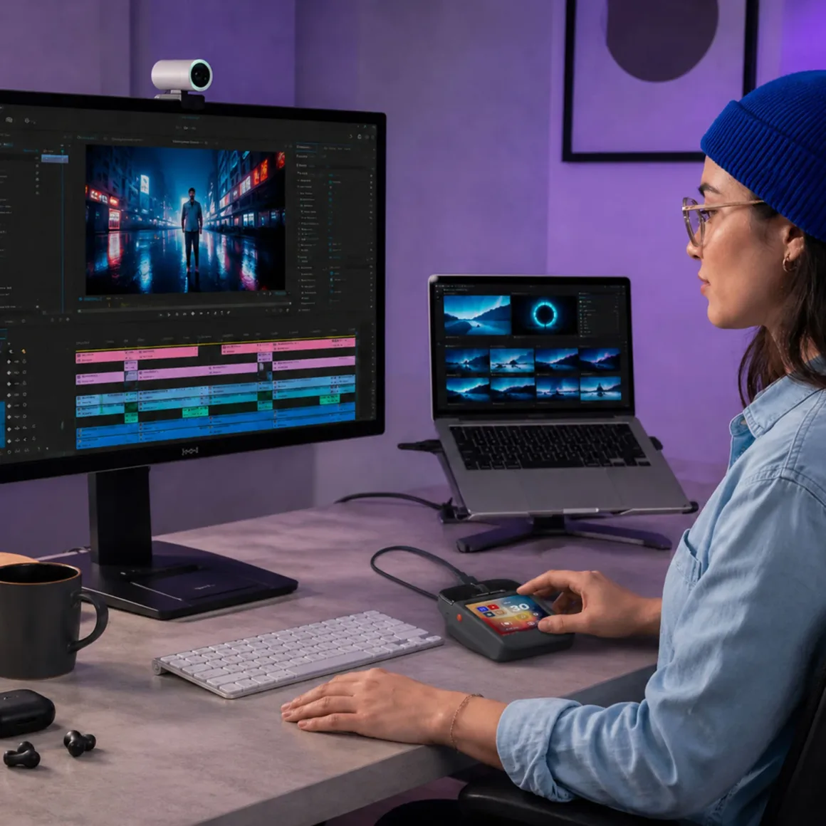 Super Mouse Tanıtıldı: Dokunmatik Ekranlı Fare Üretkenlik Merkezi Olmayı Hedefliyor 30 A person wearing a blue beanie and glasses sits at a desk editing video on a large monitor and a laptop, using a small touchscreen control device.