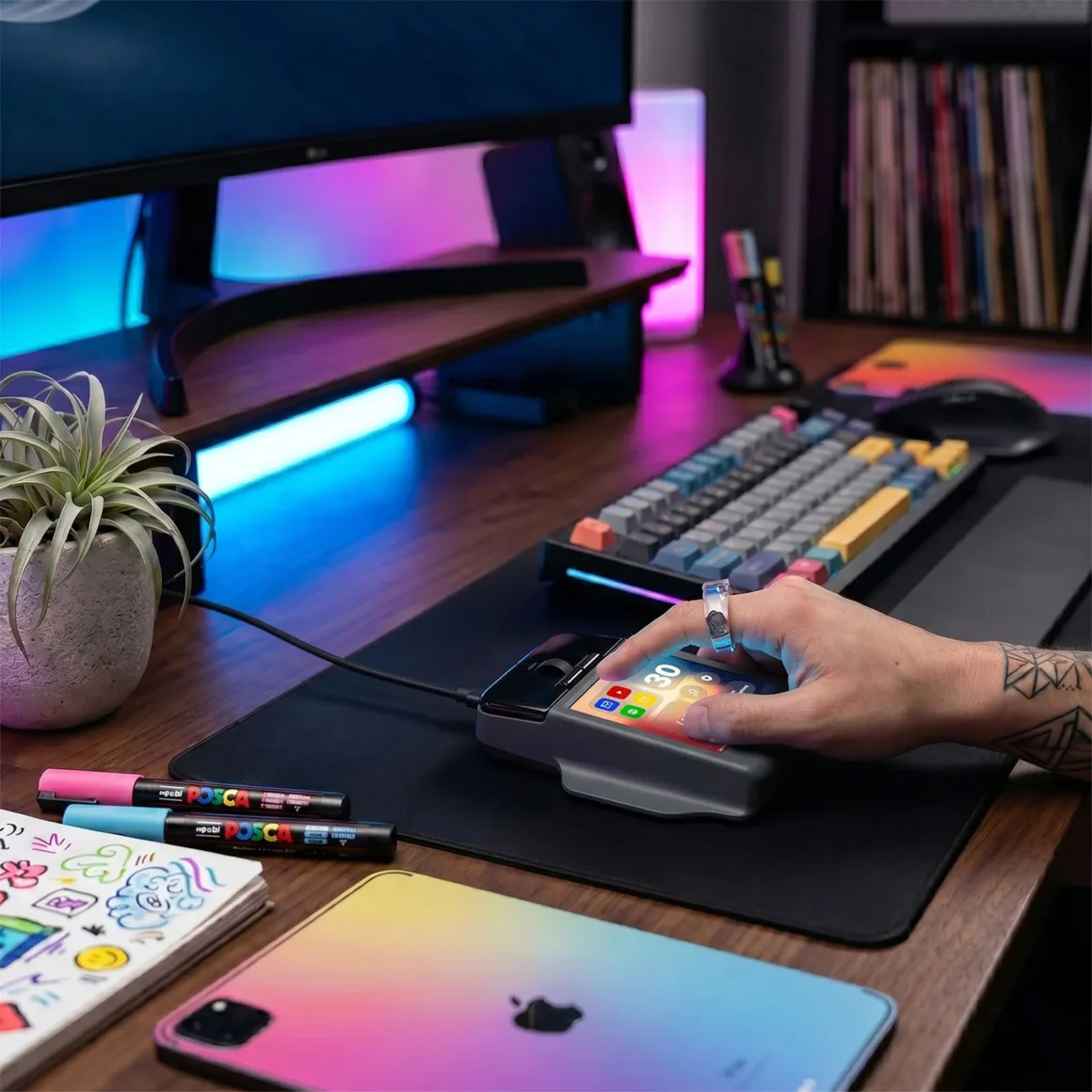 Super Mouse Tanıtıldı: Dokunmatik Ekranlı Fare Üretkenlik Merkezi Olmayı Hedefliyor 31 A person's hand with a ring uses a touchscreen control device on a desk next to a keyboard, a monitor, and a colorful tablet.