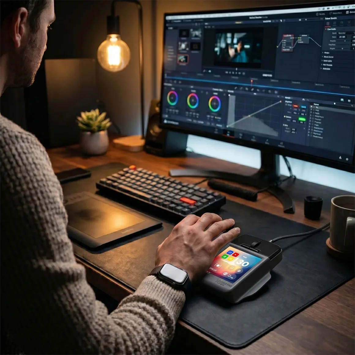 Super Mouse Tanıtıldı: Dokunmatik Ekranlı Fare Üretkenlik Merkezi Olmayı Hedefliyor 32 A person sits at a desk editing video on a computer monitor while using a small touchscreen device with their right hand.