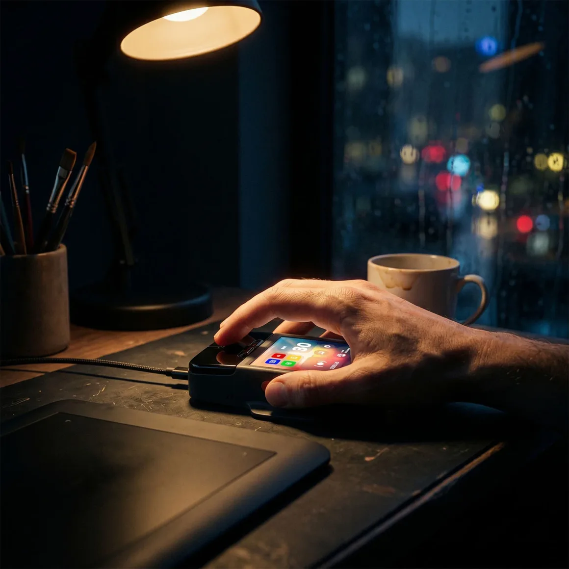 Super Mouse Tanıtıldı: Dokunmatik Ekranlı Fare Üretkenlik Merkezi Olmayı Hedefliyor 33 A hand rests on a small, rectangular electronic device with a glowing screen on a dark desk next to a lamp, a cup, and art supplies.