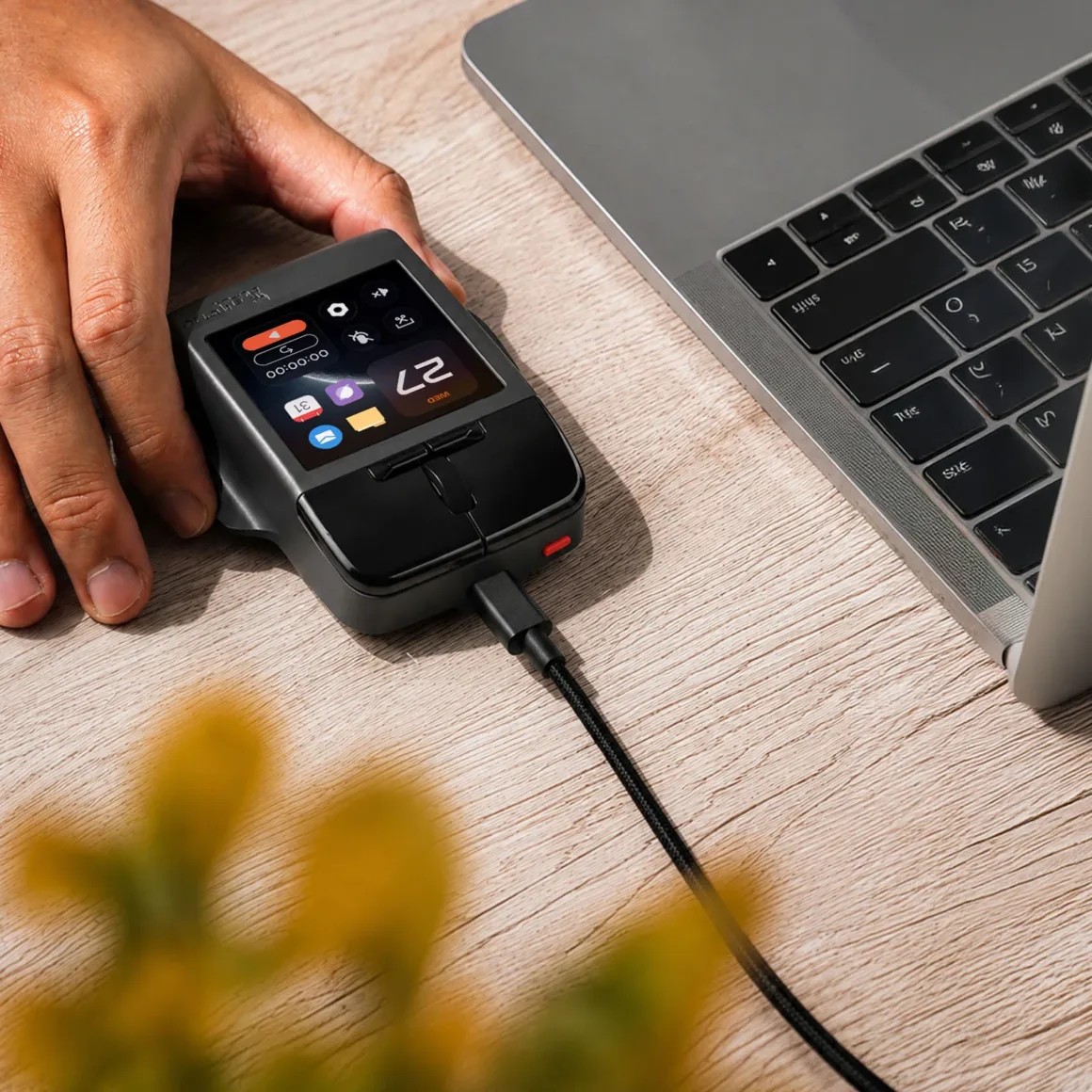 Super Mouse Tanıtıldı: Dokunmatik Ekranlı Fare Üretkenlik Merkezi Olmayı Hedefliyor 28 A hand rests on a small, rectangular device with a touchscreen display and a mouse-like button, connected by a cable to a laptop on a wooden desk.