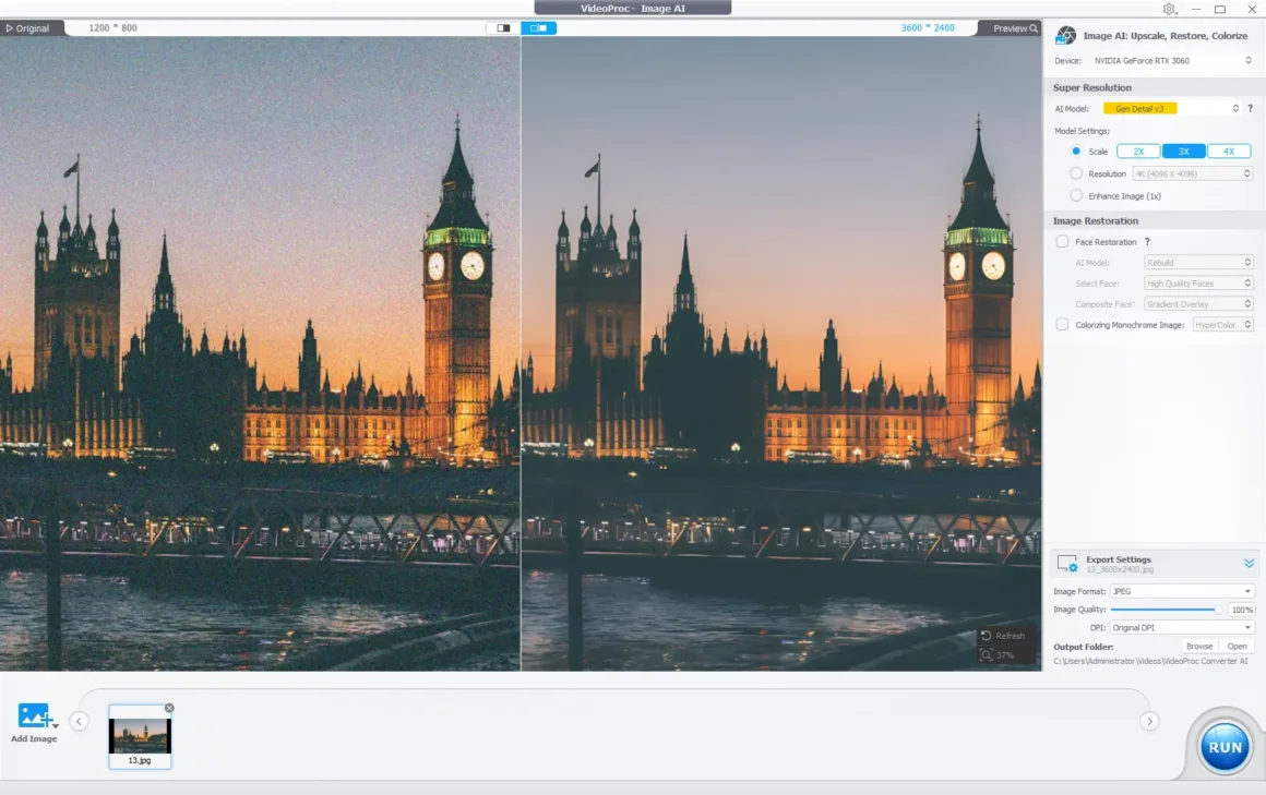 VideoProc Image AI arayüzünde solda Westminster Sarayı’nın grenli orijinal fotoğrafı, sağda ise gürültüsü azaltılmış ve çözünürlüğü yükseltilmiş sürümü görülüyor.