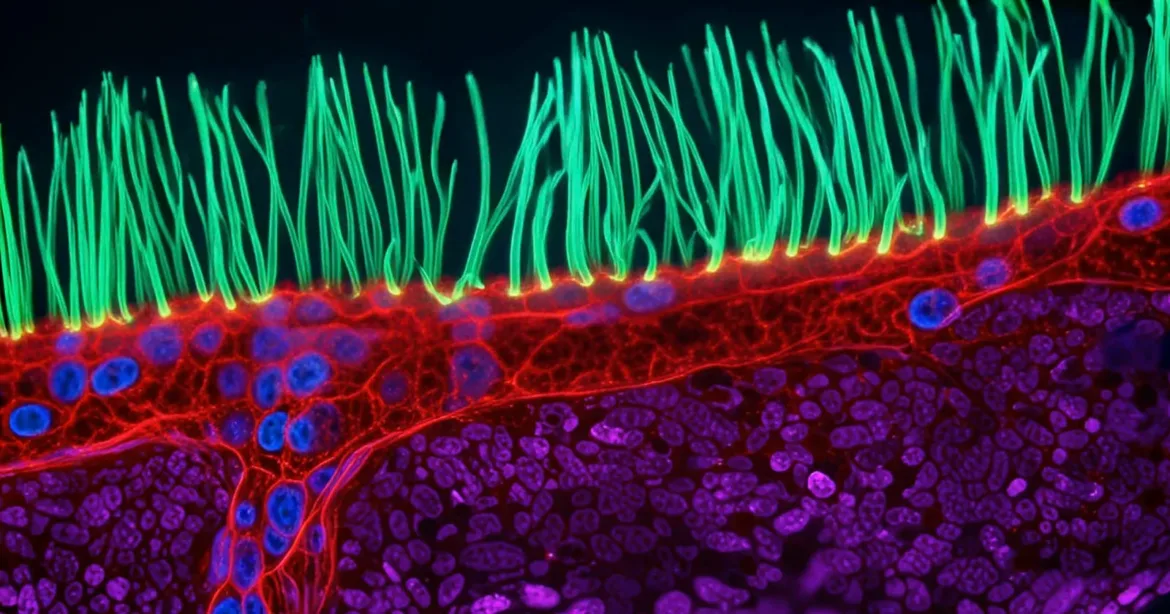 A fluorescence microscopy image shows a layer of cells with long, green, hair-like cilia extending from their surface.