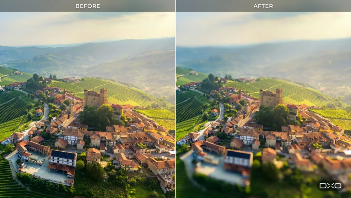 DxO ViewPoint 6, Yapay Zekâ ile Perspektif Düzeltmeyi Yeniliyor 24 İtalya'daki bir tepe kasabasını gösteren manzaranın yan yana karşılaştırmasında sağ tarafta tilt-shift benzeri minyatür efekti uygulanmış.