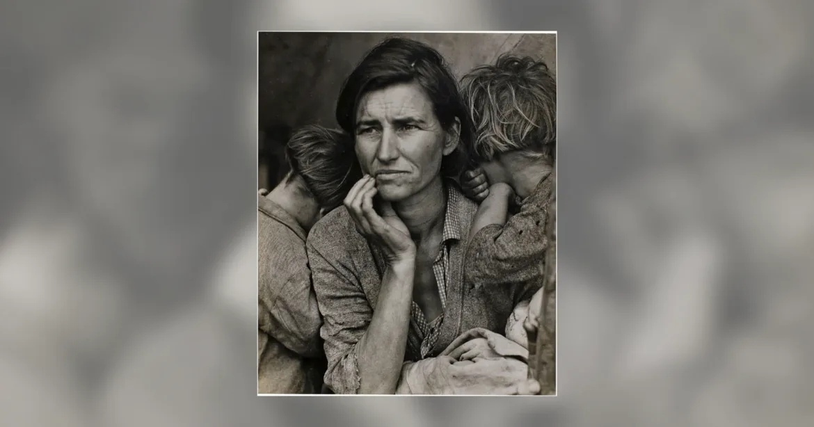 A black-and-white portrait of a woman with a worried expression, resting her chin on her hand, flanked by two children leaning against her shoulders.